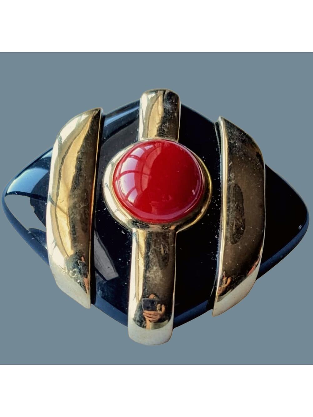 Vintage 1980s Chunky Black Gold and Red Brooch